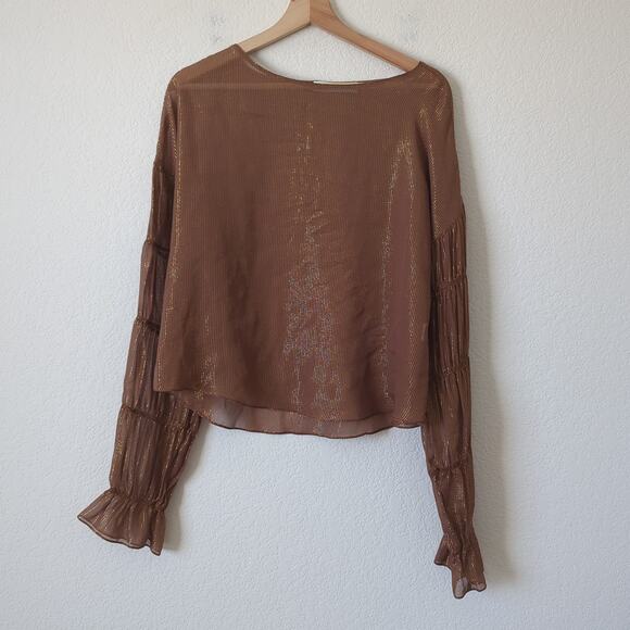 Amanda Uprichard Blouse Large Womens Top Sheer Long Sleeve Gold Metallic Silk - Picture 5 of 9